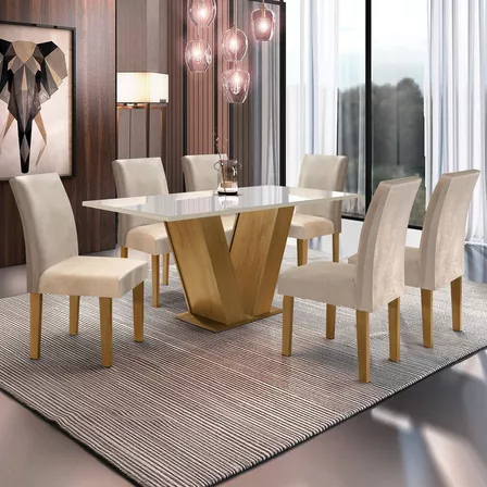 Mesa de Jantar com Tampo de Vidro e 6 Cadeiras